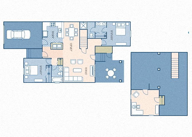 Floor plan for 2 beds, 2 baths, 1073 sqft